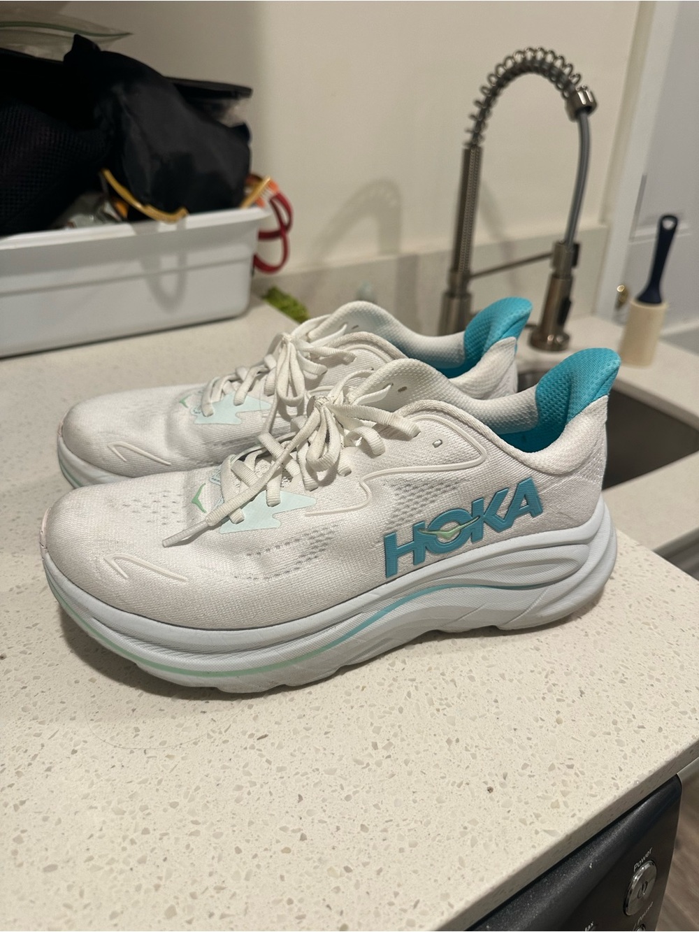 Hoka Clifton 10 White Sneakers with Teal Accents